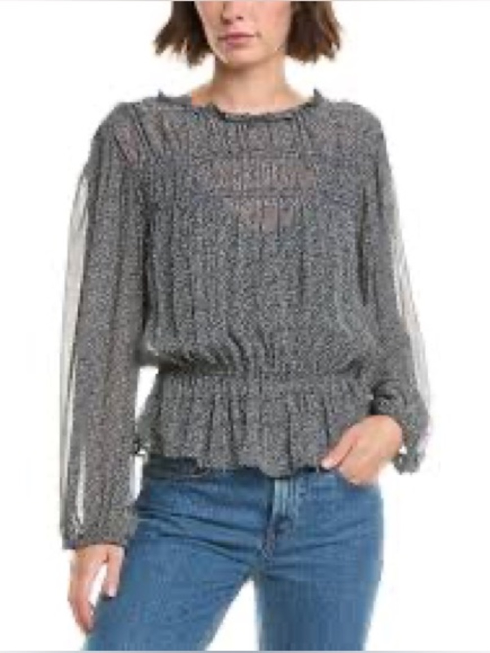 VELVET by Graham & Spencer Gray Smocked Waist Sheer Sleeve Blouse ~ NWT